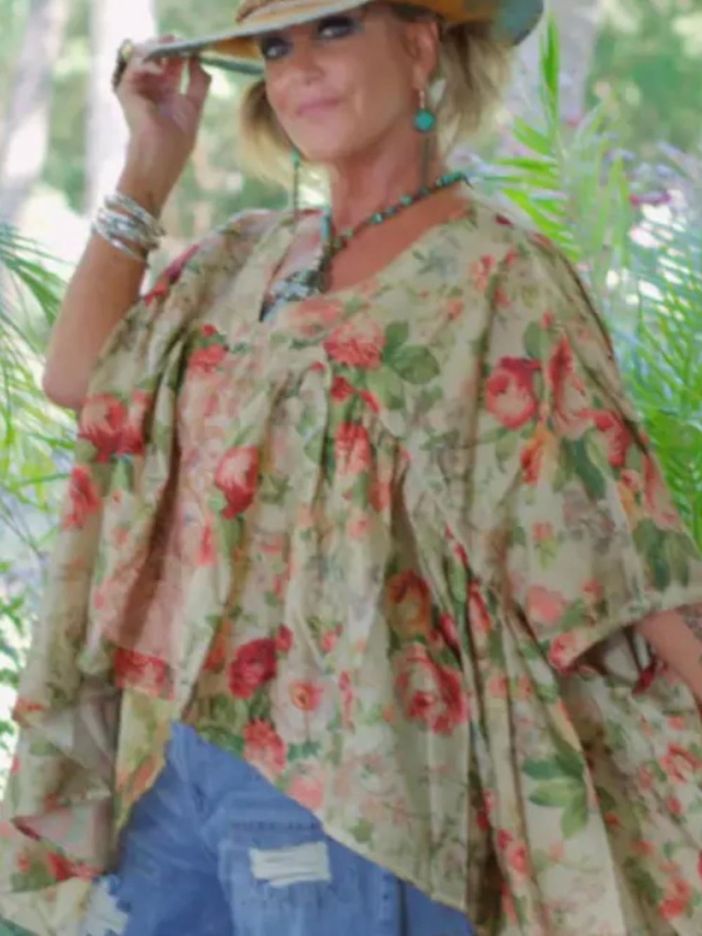 Jaded Gypsy Rose Garden Trellis floral boho tunic top - OS.